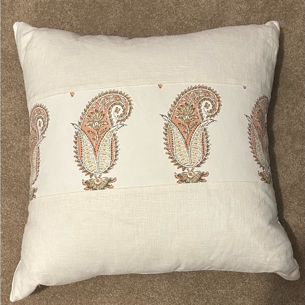 Fragments Identity Premium Designer Ivory Linen Pillow with Peach Paisley Band